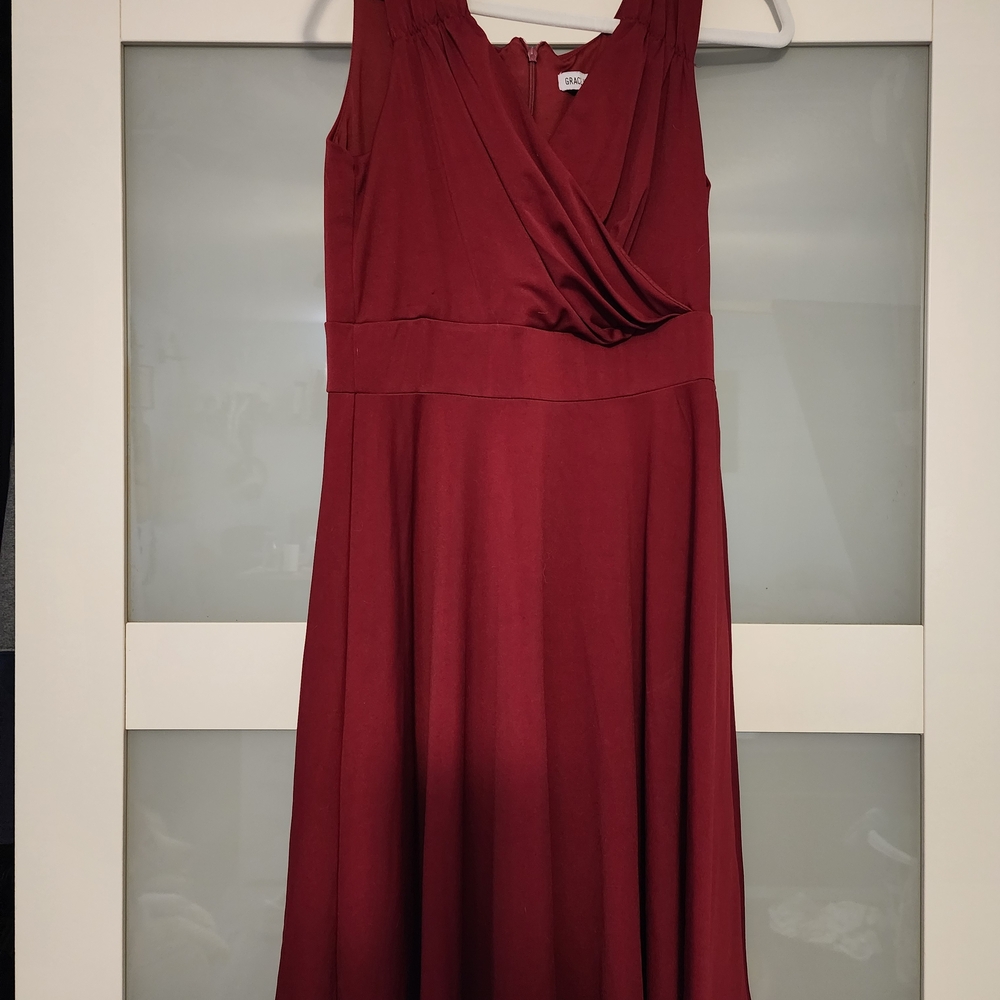 Grace Karin Wine-Red Sleeveless Draped Midi Dress